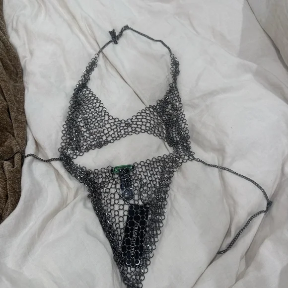 Dolls Kill Gunmetal Chainmail Halter Crop Top - Picture 2 of 2